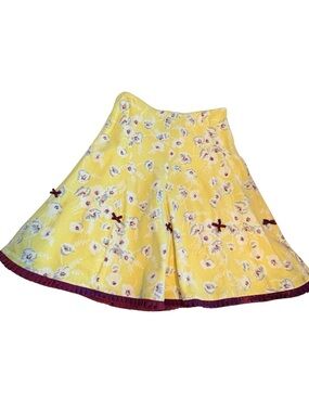Persaman New York Yellow Floral Circle Skirt with Burgundy Trim